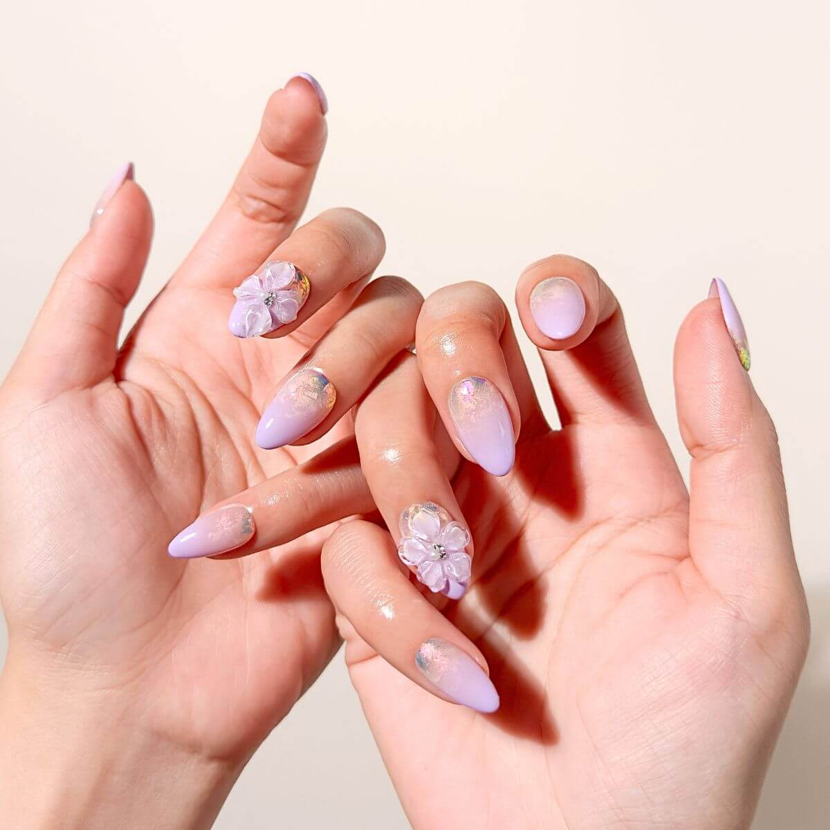 Medium Almond Nails with 3D Flowers and Gems Medium Almond Nails with 3D Flowers and Gems — 3D Nails