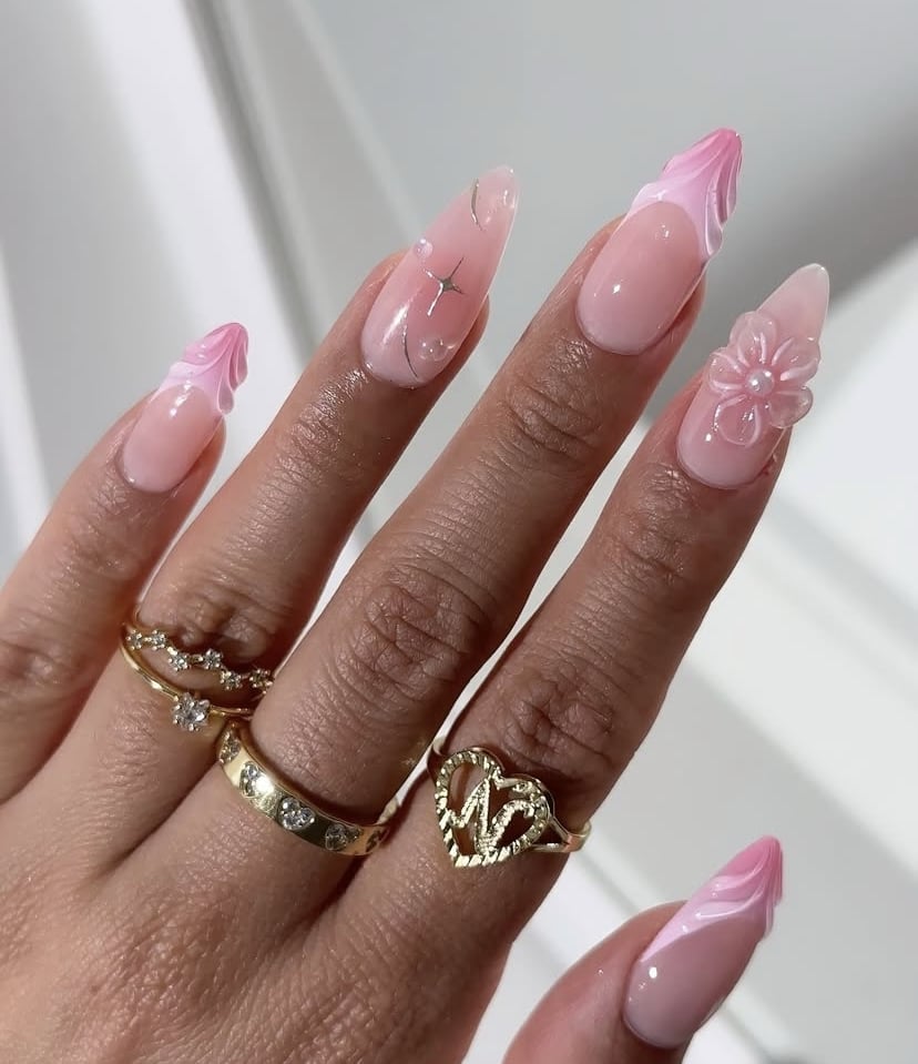 Long Almond Nails with 3D Pink Flowers and Gold Beads Long Almond Nails with 3D Pink Flowers and Gold Beads — 3D Nails