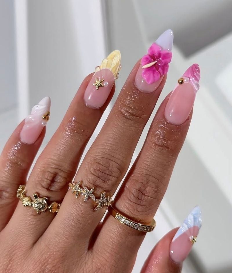 Long Almond Nails with Prominent 3D Pink Flowers, Glossy Long Almond Nails with Prominent 3D Pink Flowers, Glossy — 3D Nails