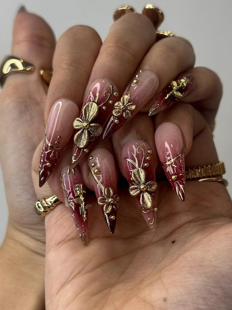 Long Stiletto Nails with 3D Gold Floral Appliques Long Stiletto Nails with 3D Gold Floral Appliques — 3D Nails
