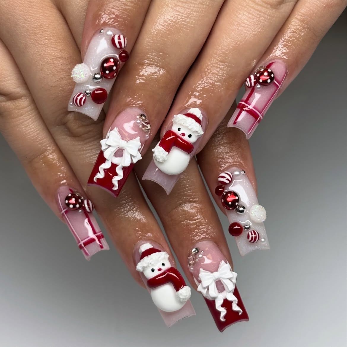 3D Snowman and Bow Christmas Long Square Nails