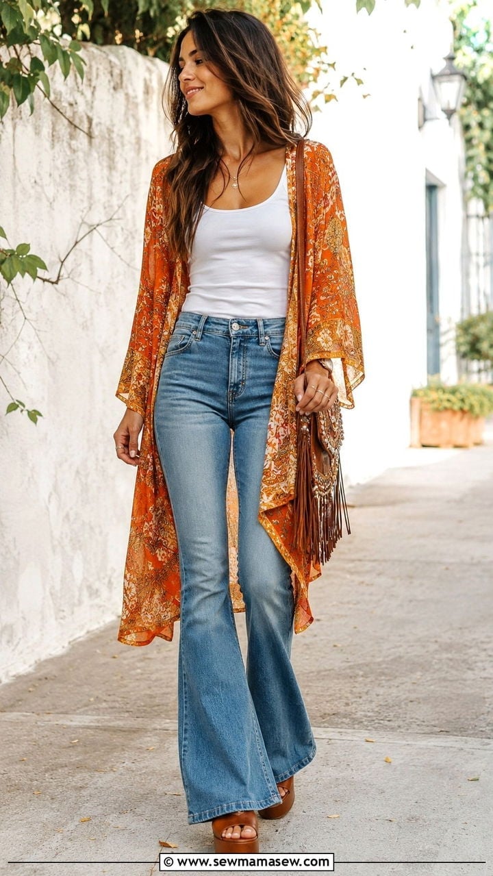 Floral Print Kimono Over White Tank With Bell Bottom Jeans Floral Print Kimono Over White Tank With Bell Bottom Jeans — 70s Outfits