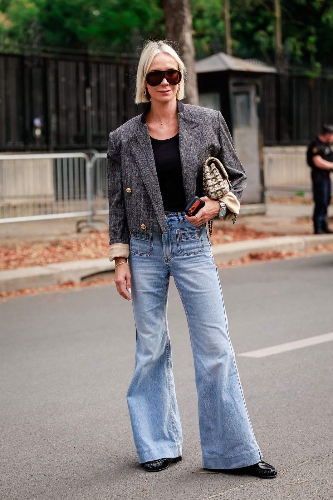 Textured Blazer Over Black Top With Bell Bottom Jeans Textured Blazer Over Black Top With Bell Bottom Jeans — 70s Outfits