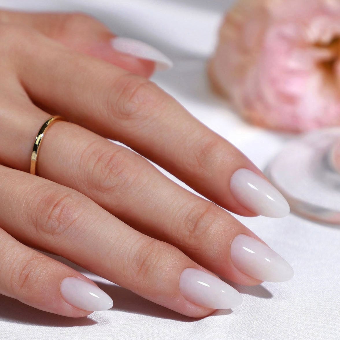 Milky White Shimmer Long Almond Nails, Close-Up Take Milky White Shimmer Long Almond Nails, Close-Up Take — Acrylic Nails Almond