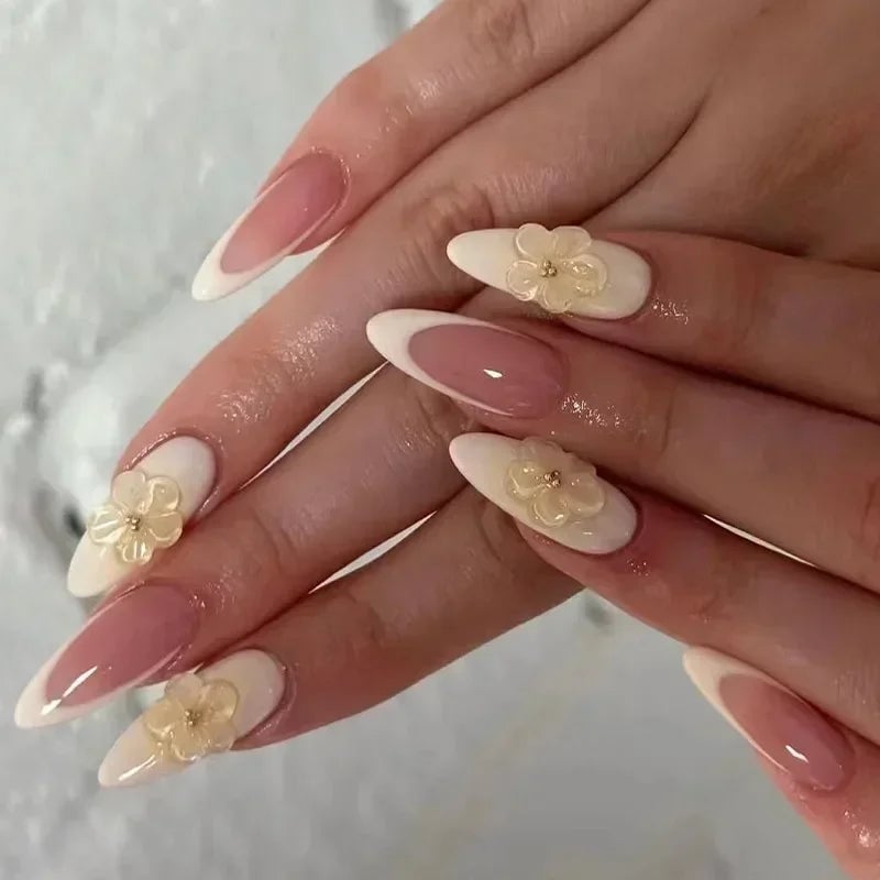 3D Floral French Pink Gradient Almond 3D Floral French Pink Gradient Almond — Acrylic Nails Almond