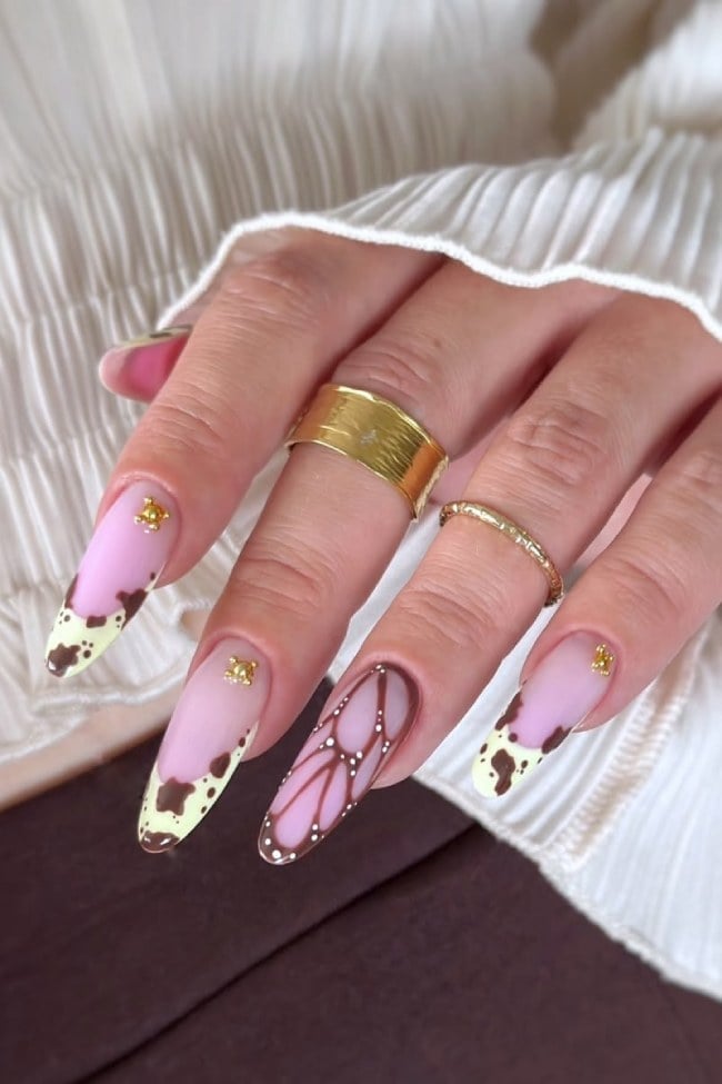 Cow Print Butterfly Long Almond Nails Cow Print Butterfly Long Almond Nails — Acrylic Nails Almond