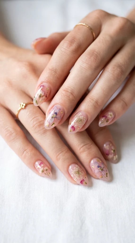 Pressed Flower Gold Flake Medium Almond Pressed Flower Gold Flake Medium Almond — Acrylic Nails Almond