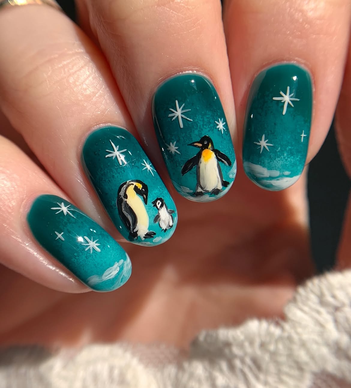 Adorable Penguin Family Winter Scene Nails