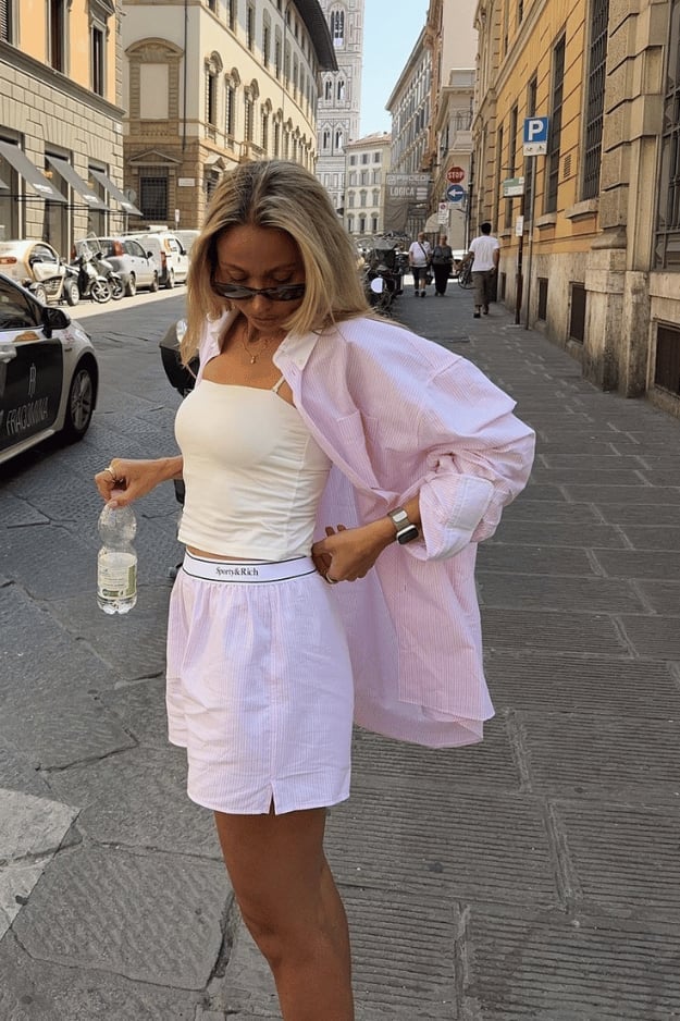 Playful Boxer Shorts and Oversized Striped Shirt Look Playful Boxer Shorts and Oversized Striped Shirt Look — Aesthetic Style