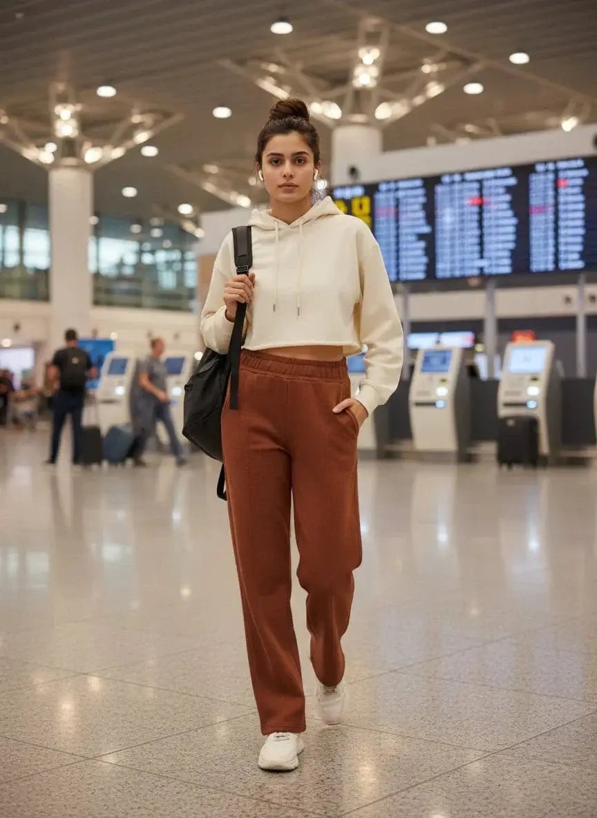 Cream cropped hoodie with brown sweatpants Cream cropped hoodie with brown sweatpants — Airport Outfits