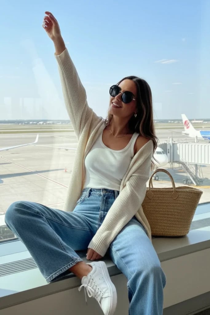 White tank top and jeans with cream cardigan White tank top and jeans with cream cardigan — Airport Outfits