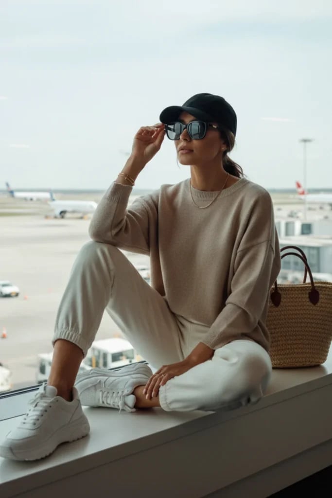 Beige knit sweater with white jogger pants Beige knit sweater with white jogger pants — Airport Outfits