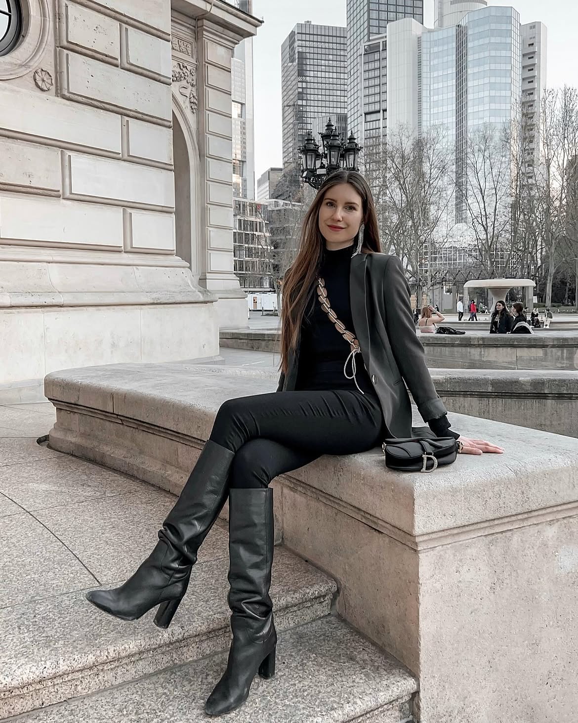 All Black Outfit With Olive Green Blazer And Knee High Boots