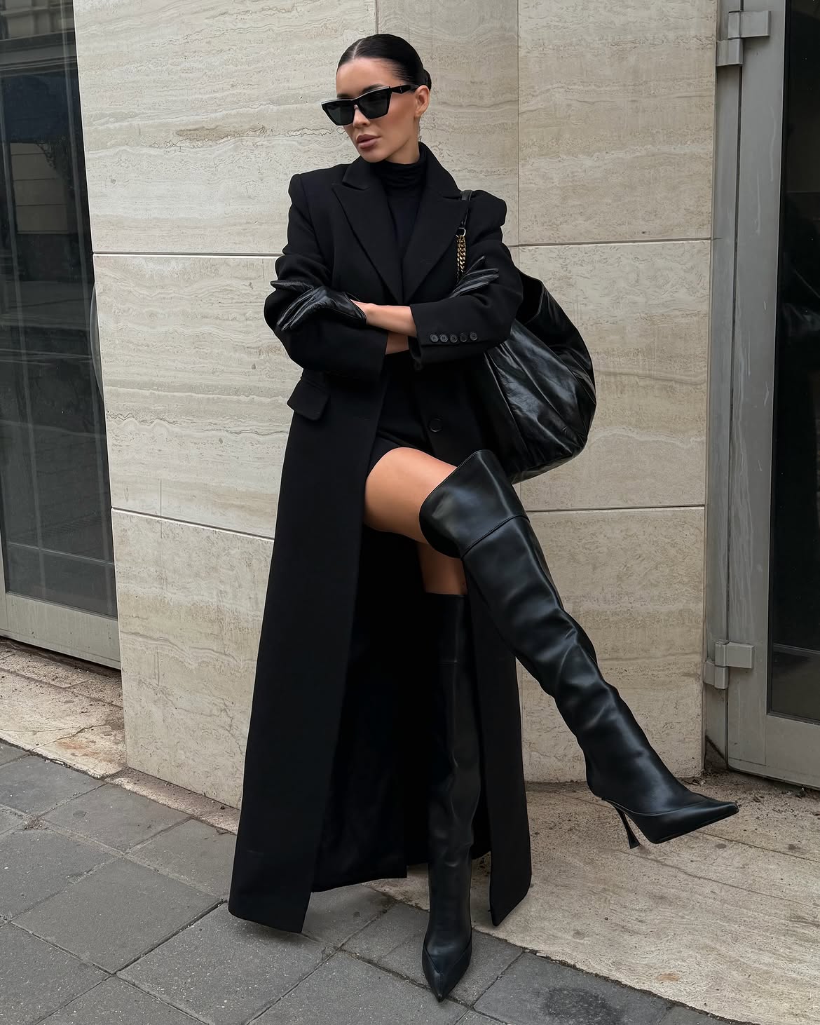 All Black Trench Coat With Knee High Boots