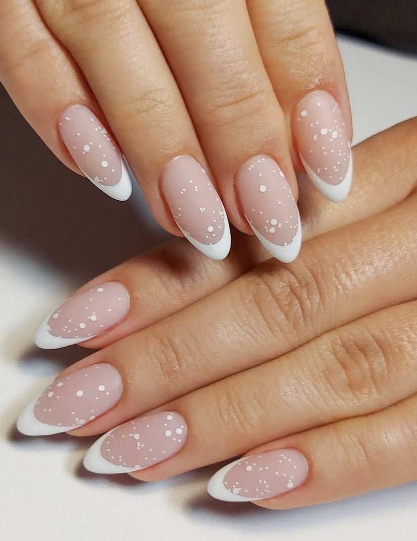 Matte Sheer Nude With White Dot French Matte Sheer Nude With White Dot French — Almond French Tip Nails
