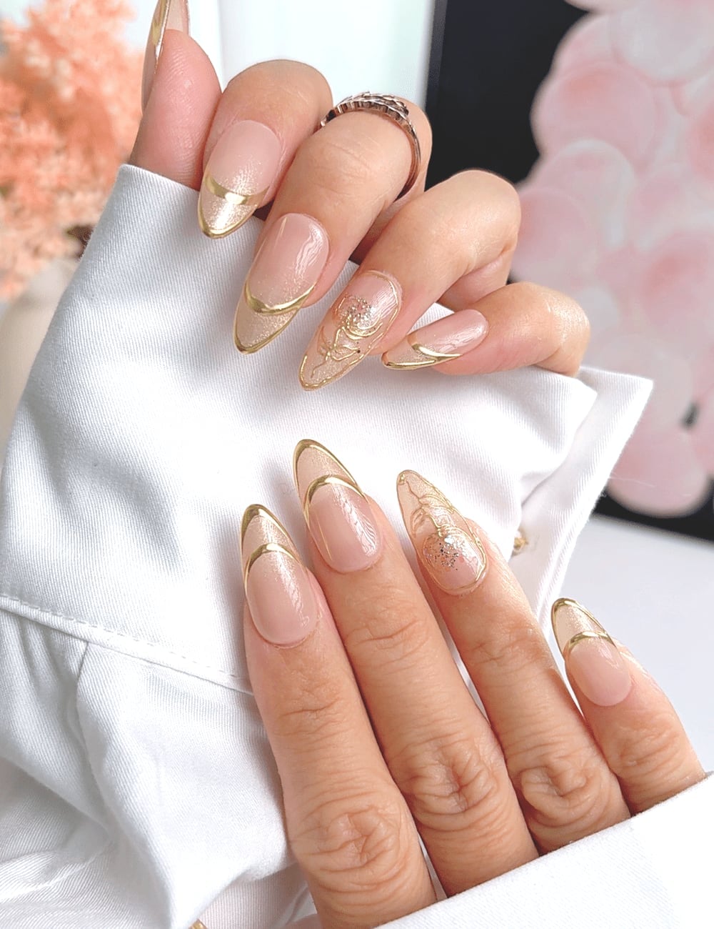 Elegant Gold Lines on Nude Almond Elegant Gold Lines on Nude Almond — Almond French Tip Nails