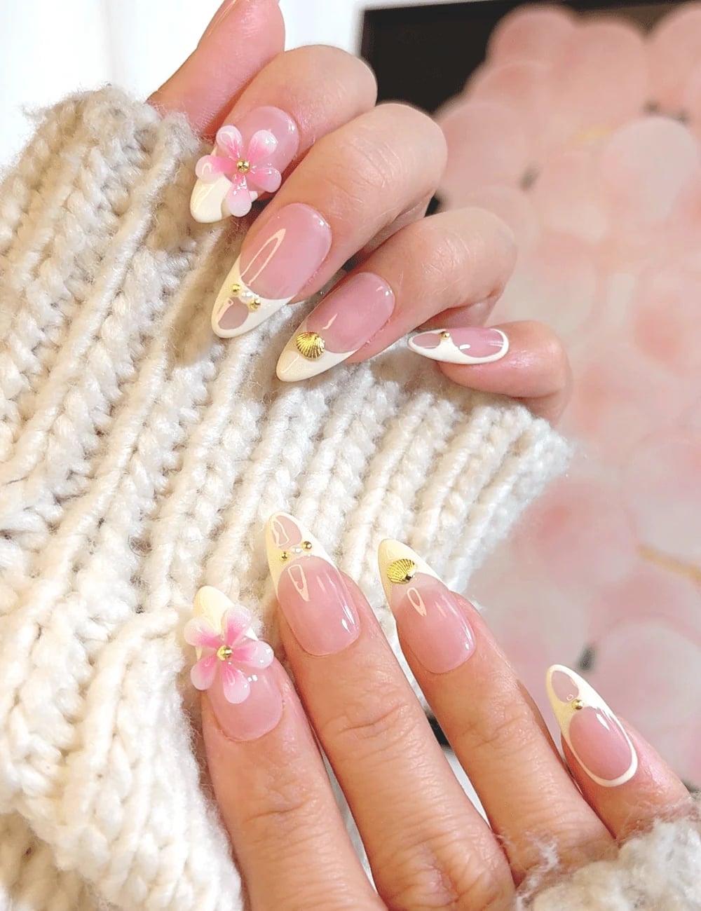 3D Floral Matte and Glossy French Almond 3D Floral Matte and Glossy French Almond — Almond French Tip Nails