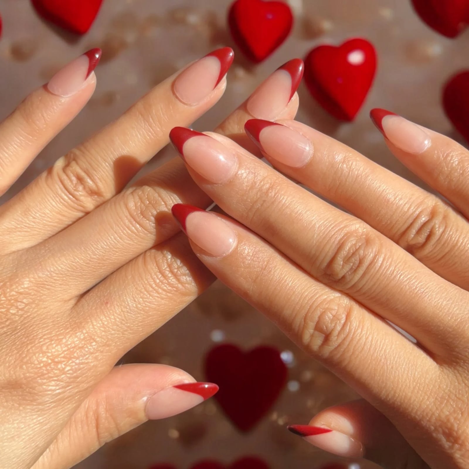 Metallic Red Shimmer Almond French Tips Metallic Red Shimmer Almond French Tips — Almond French Tip Nails