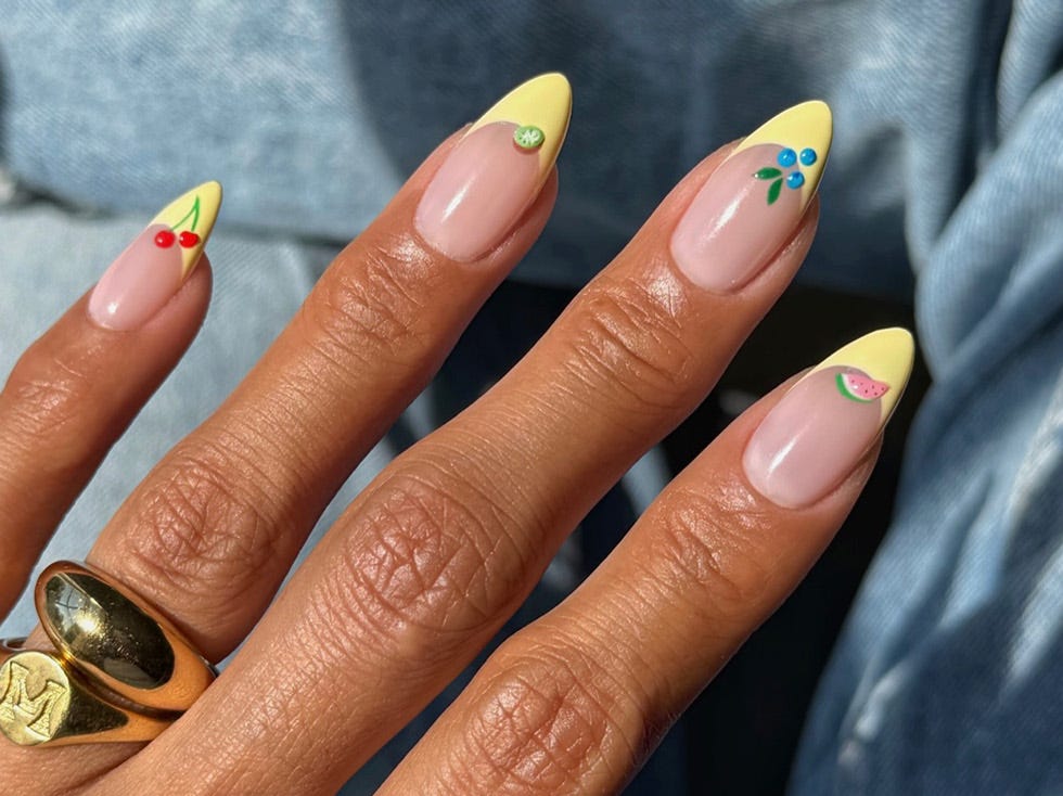 Yellow French Tips With Fruit Accents Yellow French Tips With Fruit Accents — Almond French Tip Nails