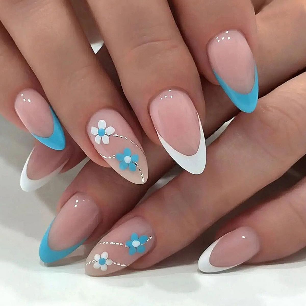 Blue and White Floral Almond French Art Blue and White Floral Almond French Art — Almond French Tip Nails