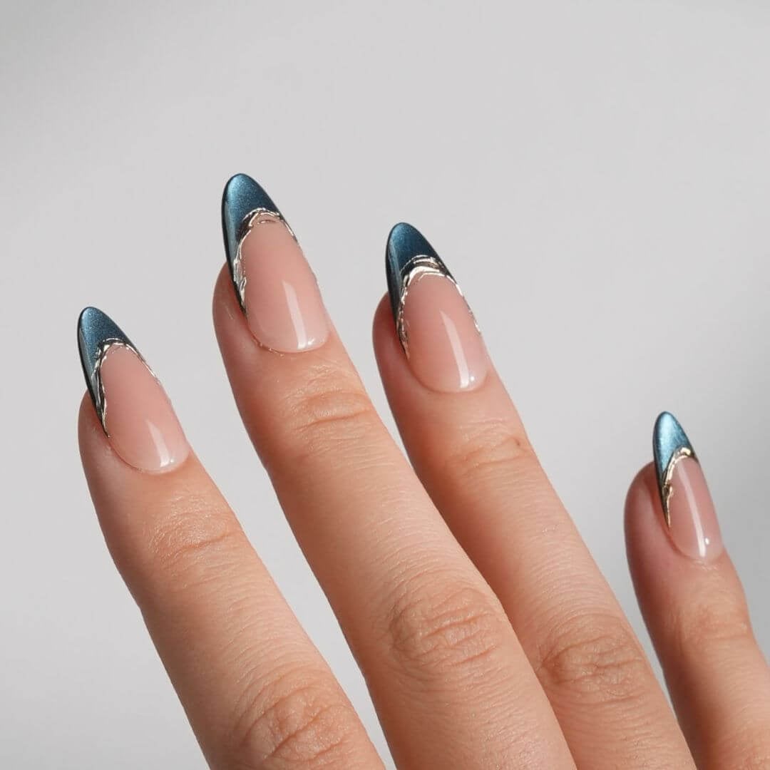 Deep Blue Metallic Long Almond French Deep Blue Metallic Long Almond French — Almond French Tip Nails