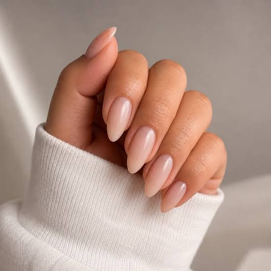 Sheer Nude Pink Medium Almond Nails, Glossy Sheer Nude Pink Medium Almond Nails, Glossy