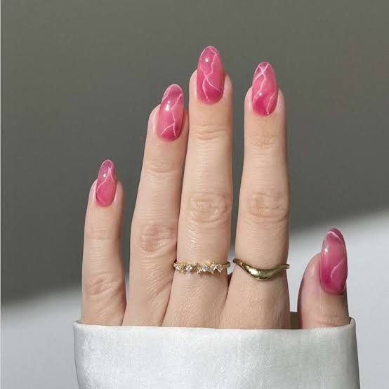 Bright Pink Marble Medium Almond Nails Bright Pink Marble Medium Almond Nails