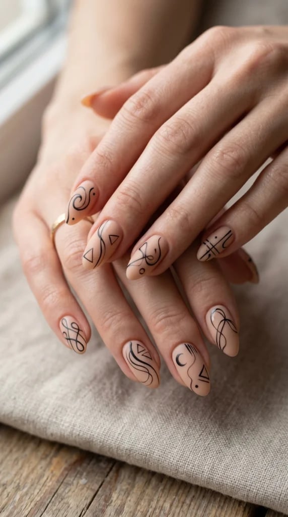 Nude Medium Almond Nails With Black Line Art Nude Medium Almond Nails With Black Line Art