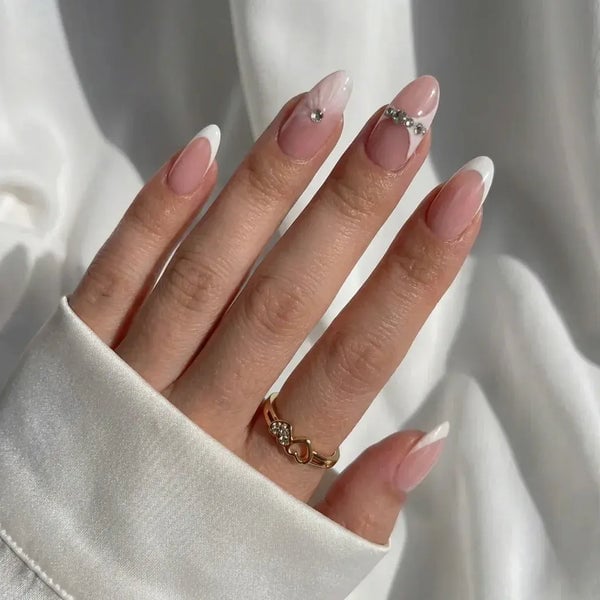 Classic French Medium Almond Nails With Rhinestones Classic French Medium Almond Nails With Rhinestones
