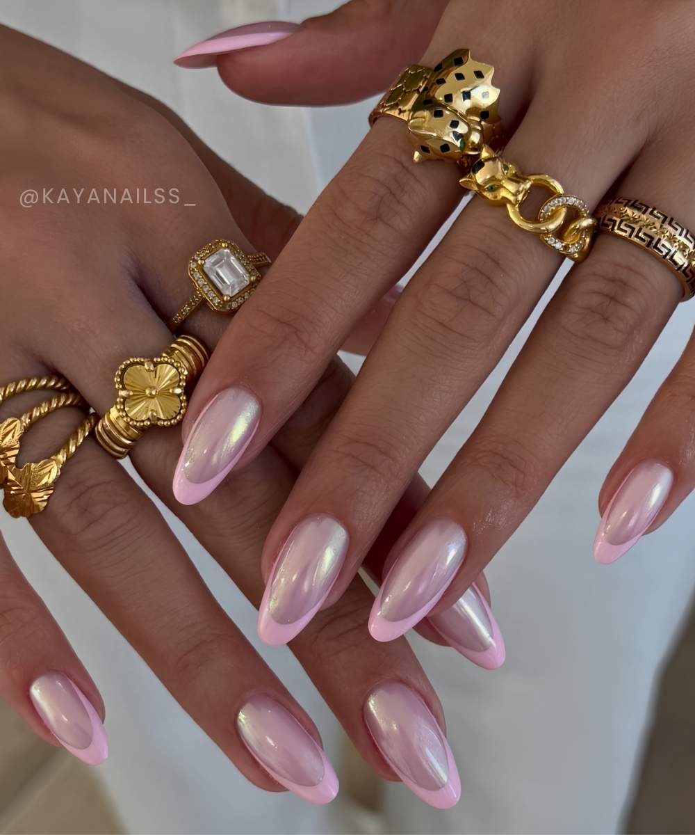 Sheer Pink Medium Almond Nails With Classic French Tips Sheer Pink Medium Almond Nails With Classic French Tips