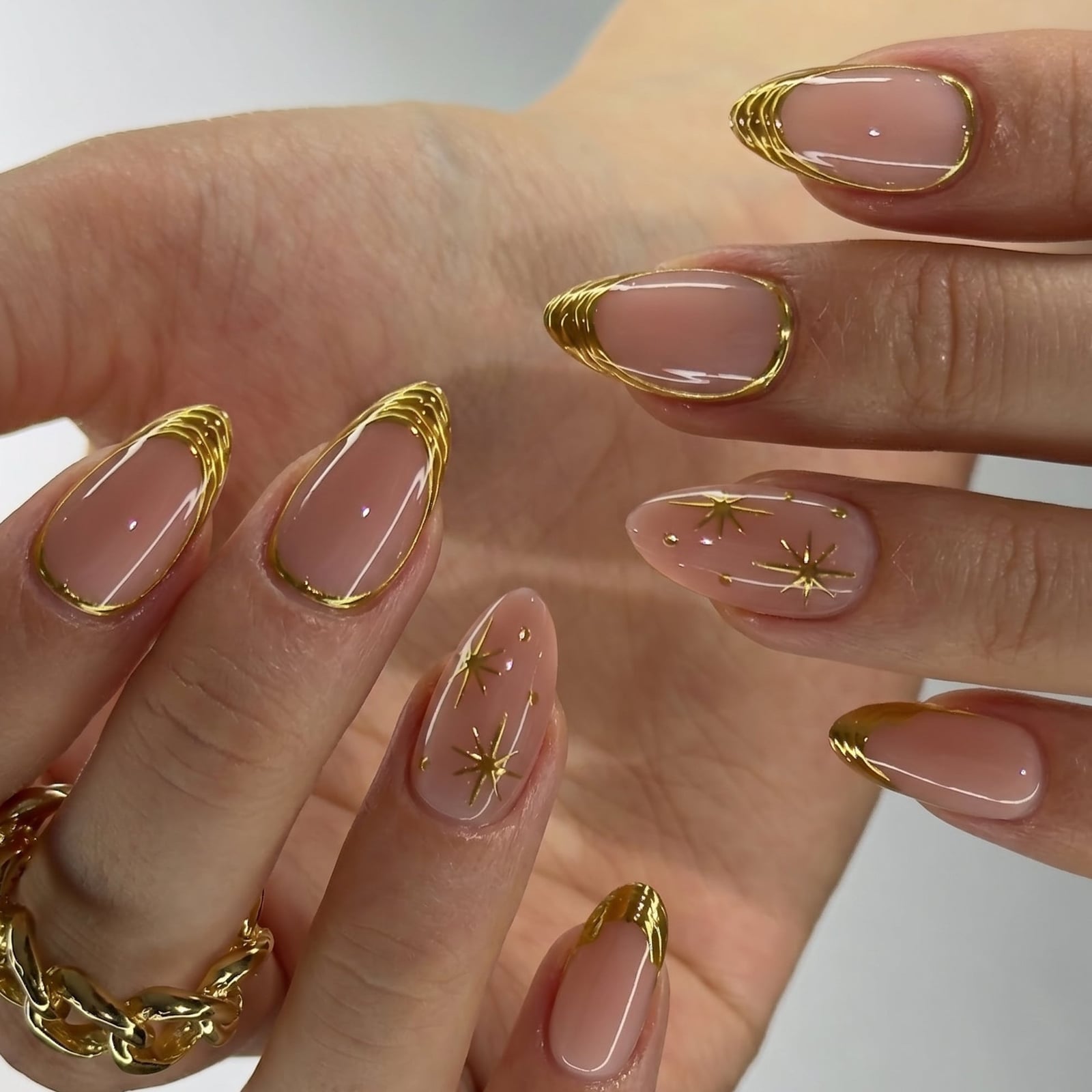 Sheer Nude Long Almond Nails With Gold Wire Sheer Nude Long Almond Nails With Gold Wire