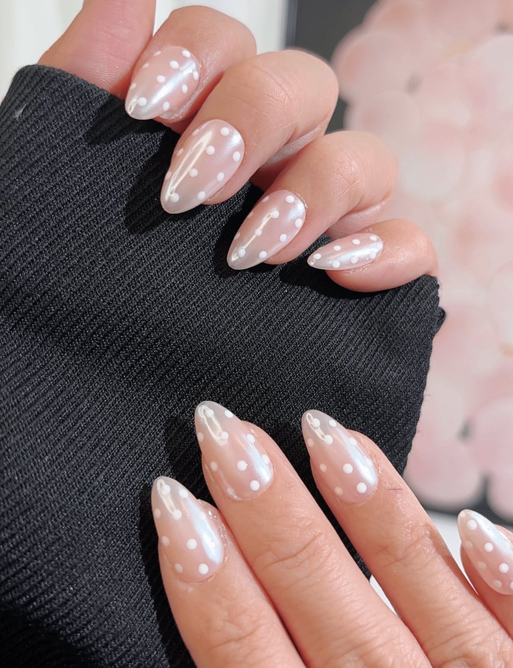 Milky Shimmer Short Almond Nails With Polka Dots Milky Shimmer Short Almond Nails With Polka Dots