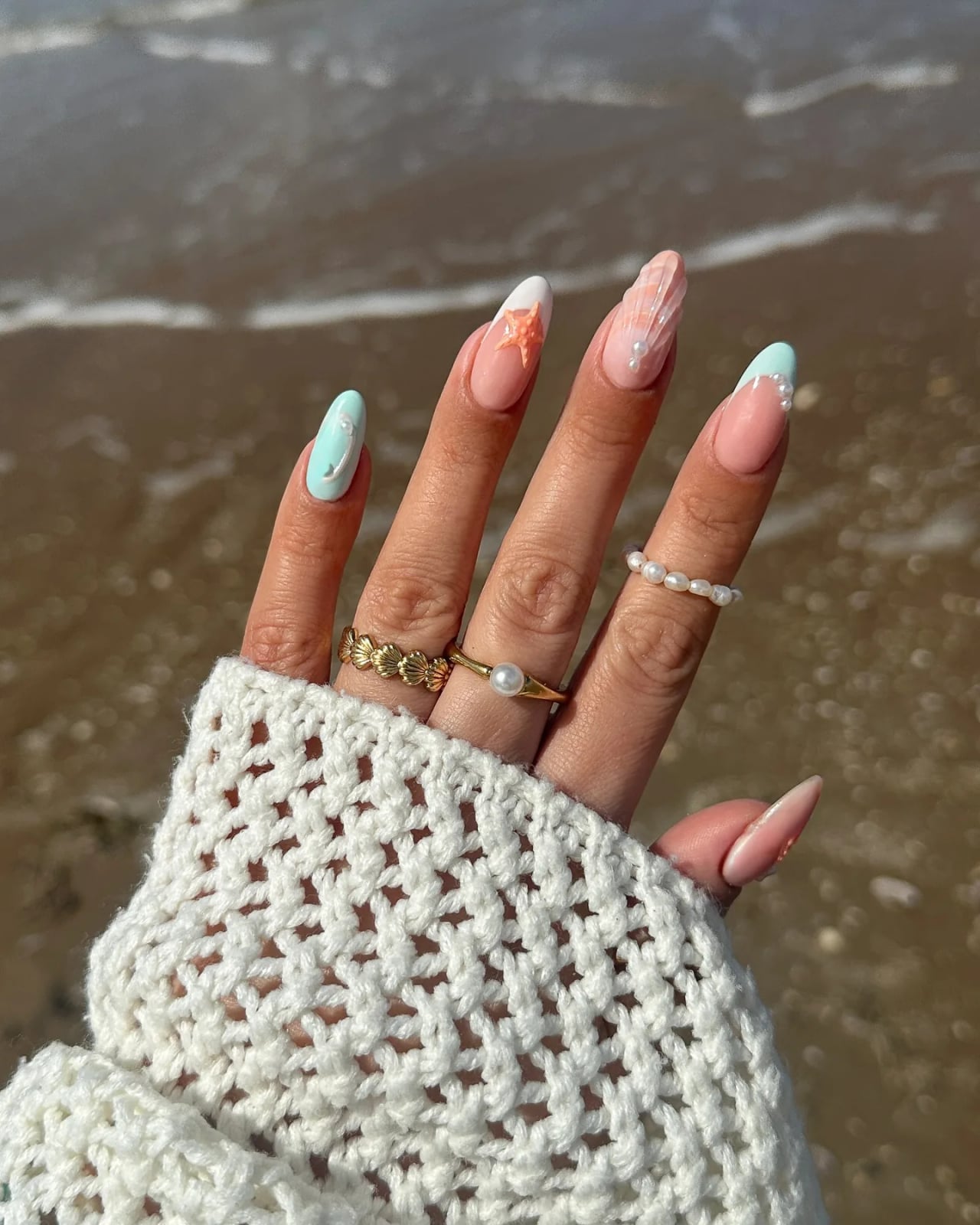Short Almond Nails With Sheer Milky Pink Nude, Pearls Short Almond Nails With Sheer Milky Pink Nude, Pearls