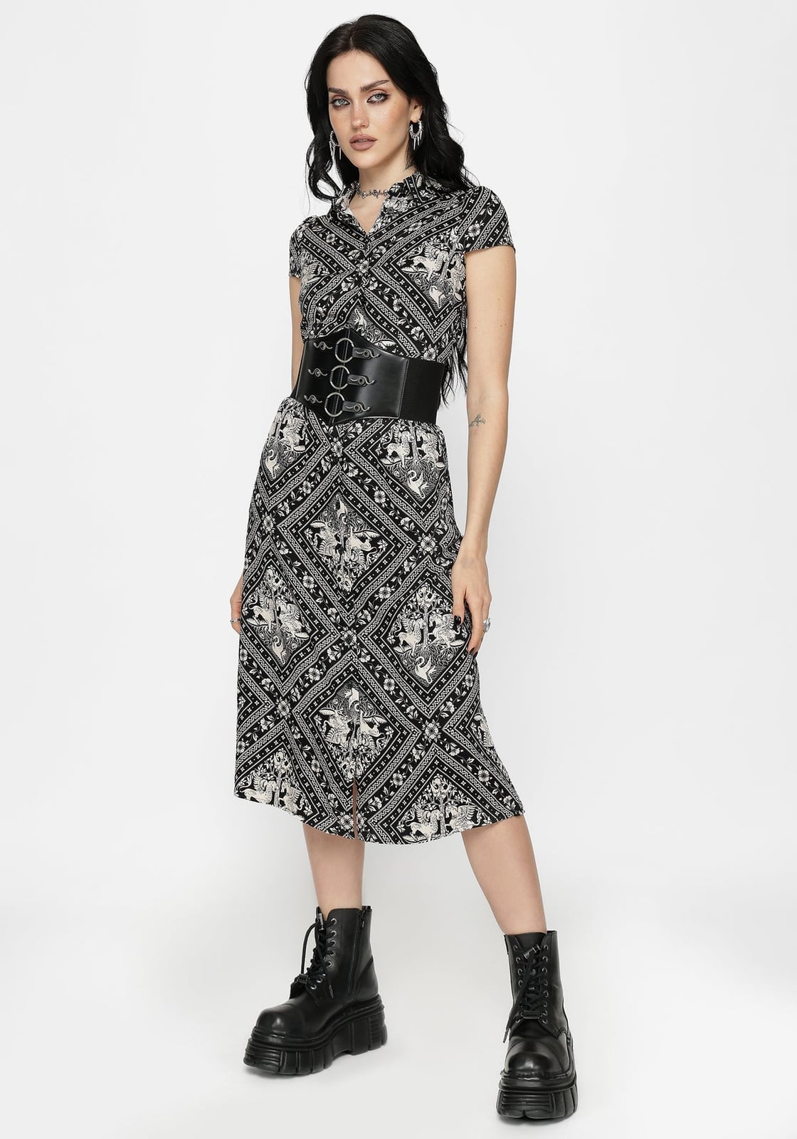 Printed Midi Dress with Faux Leather Belt Printed Midi Dress with Faux Leather Belt — Alt Outfits