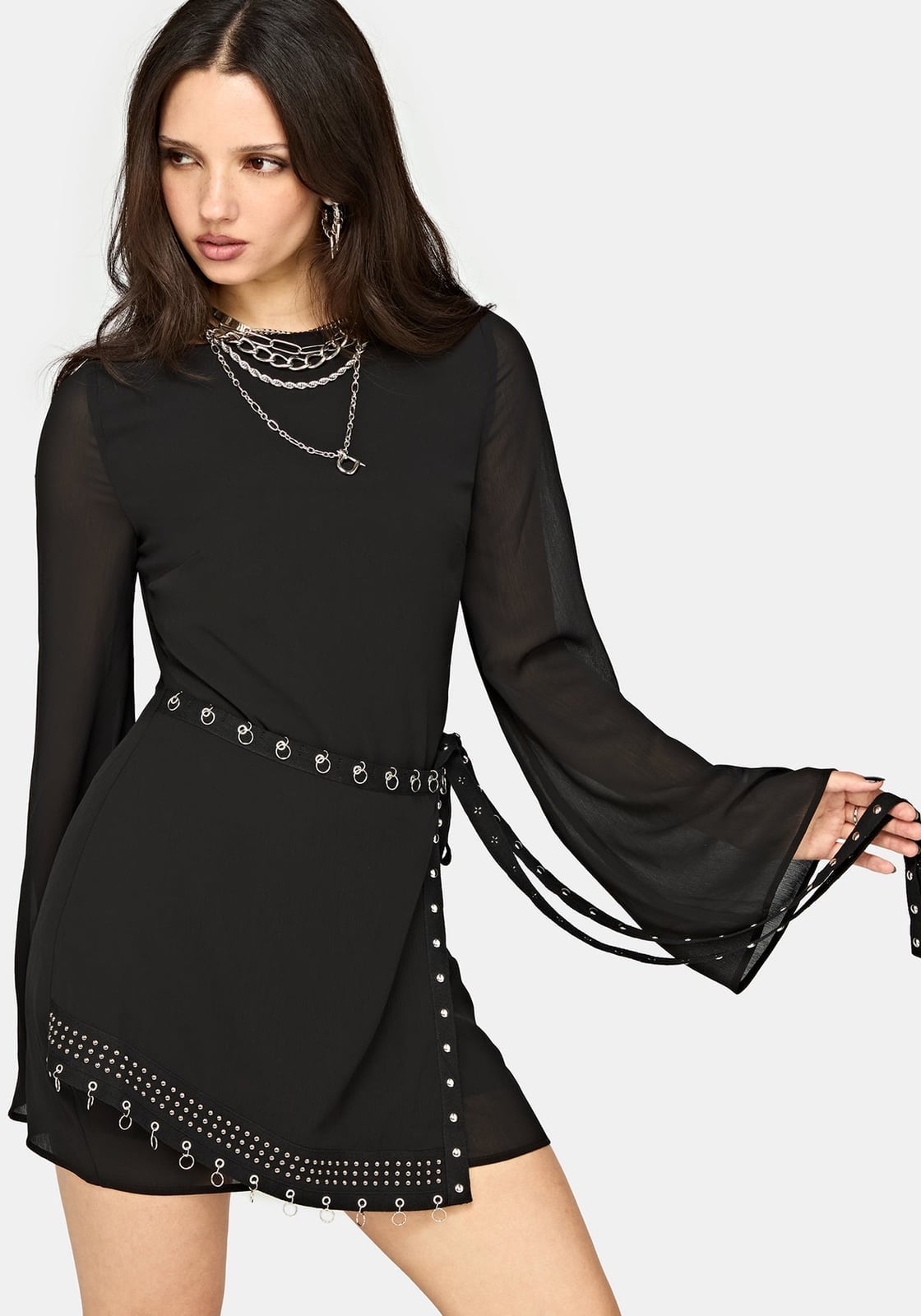 Studded Wrap Dress With Sheer Sleeves Studded Wrap Dress With Sheer Sleeves — Alt Style