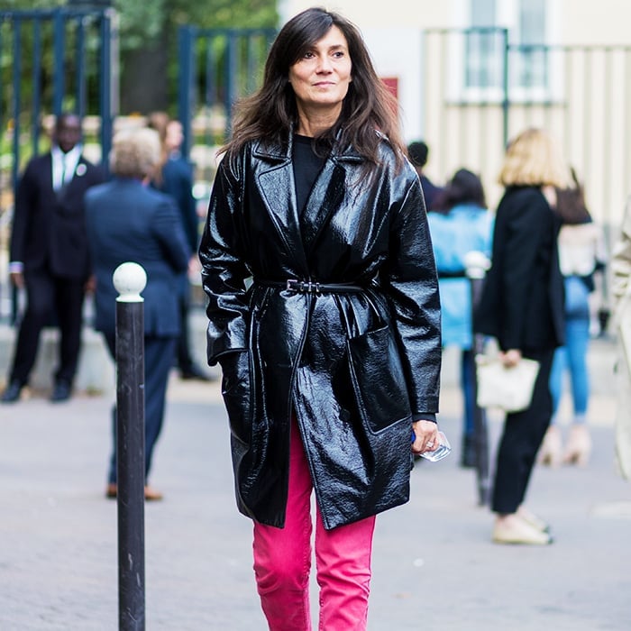 Patent Trench Coat With Bright Pink Trousers Patent Trench Coat With Bright Pink Trousers — Alt Style