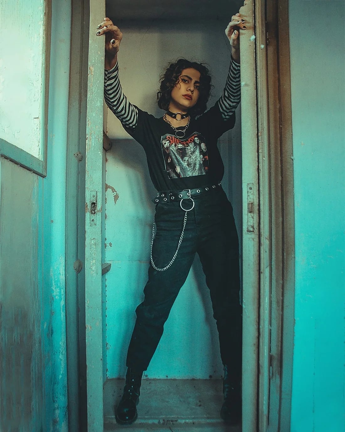 Graphic Tee Over Striped Shirt With Chain Belt Graphic Tee Over Striped Shirt With Chain Belt — Alt Style