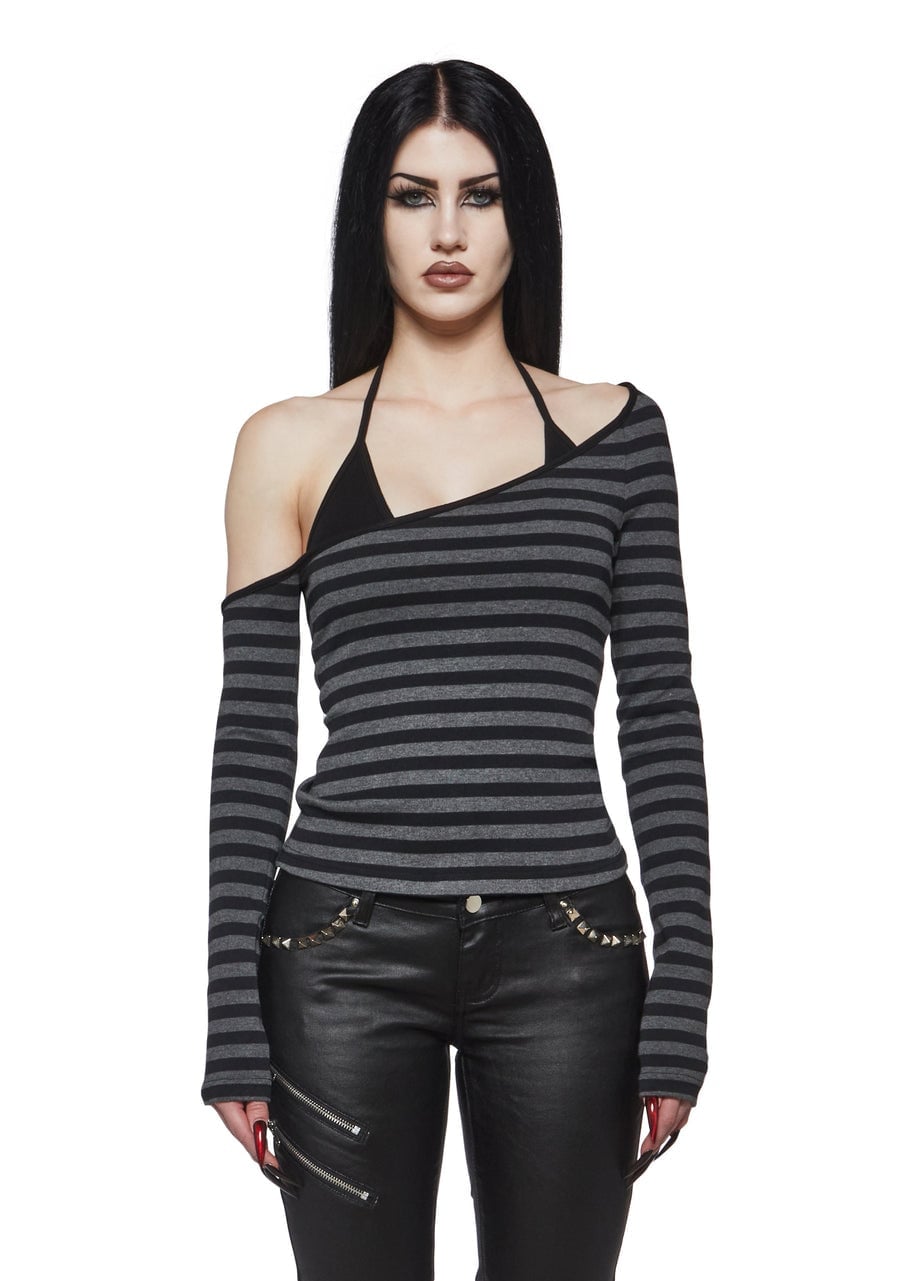 Asymmetrical Striped Top With One Long Sleeve Asymmetrical Striped Top With One Long Sleeve — Alt Style