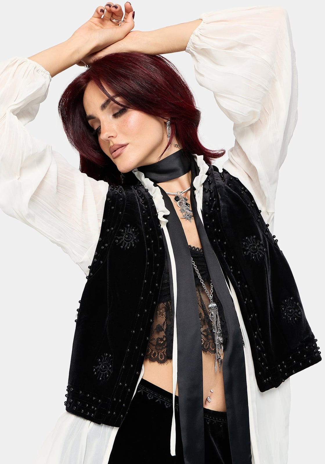 Studded Velvet Vest Over Voluminous Blouse Studded Velvet Vest Over Voluminous Blouse — Alt Style
