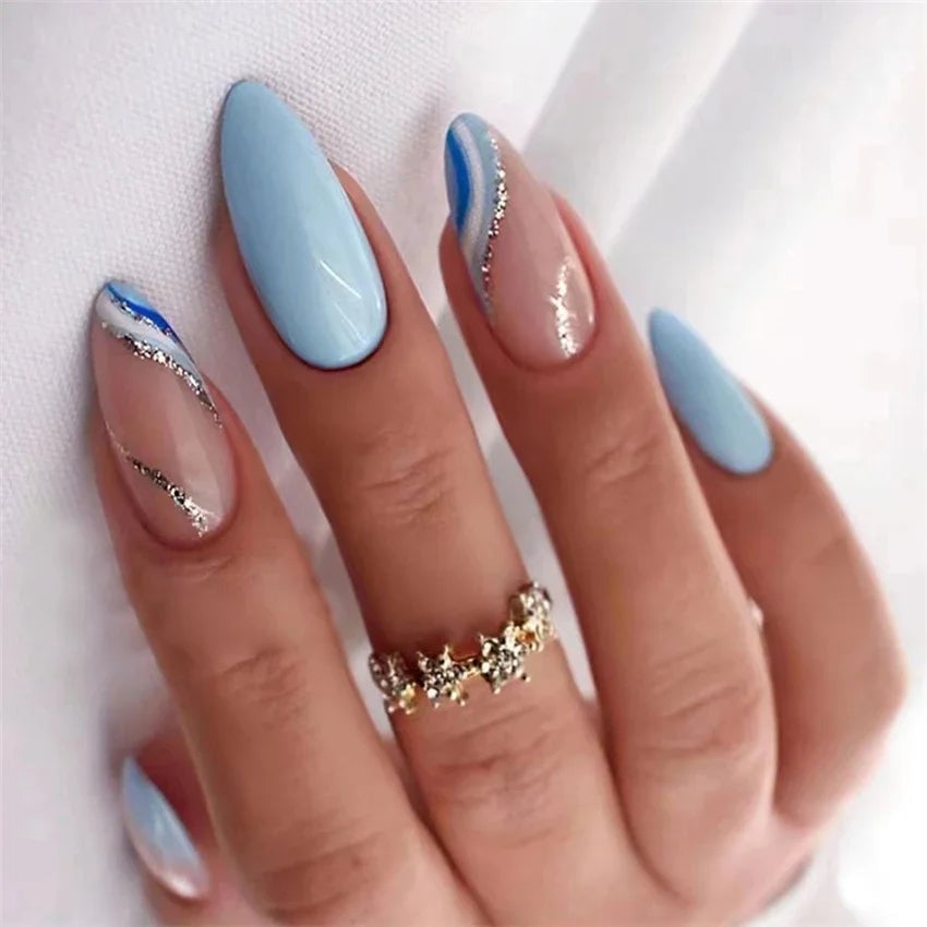 Baby Blue Nails with Silver Wavy Lines Baby Blue Nails with Silver Wavy Lines