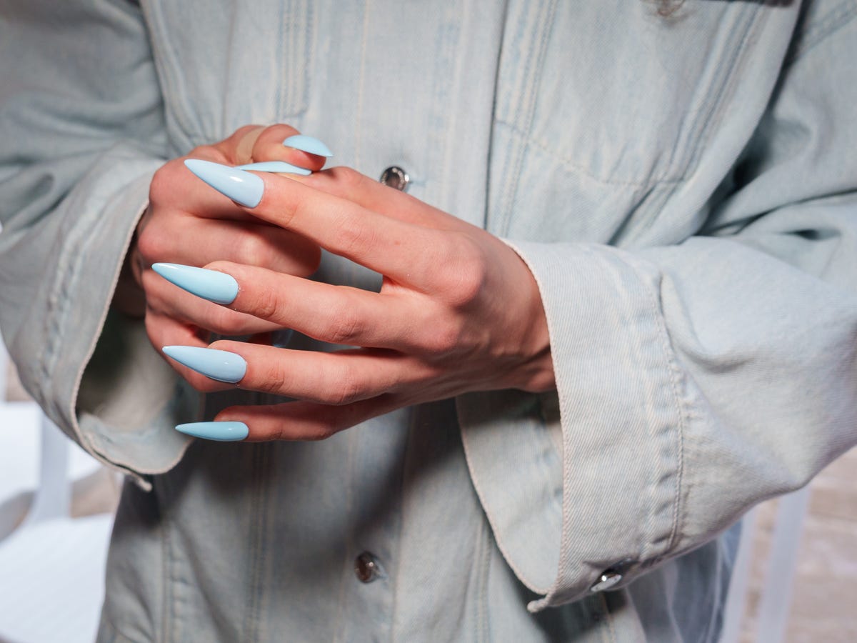 Sharp Long Almond Baby Blue Glossy Nails Sharp Long Almond Baby Blue Glossy Nails — Baby Blue Nails