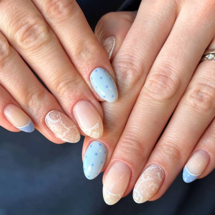 Light Blue French Tips Lace Dot Short Oval Nails Light Blue French Tips Lace Dot Short Oval Nails — Baby Blue Nails