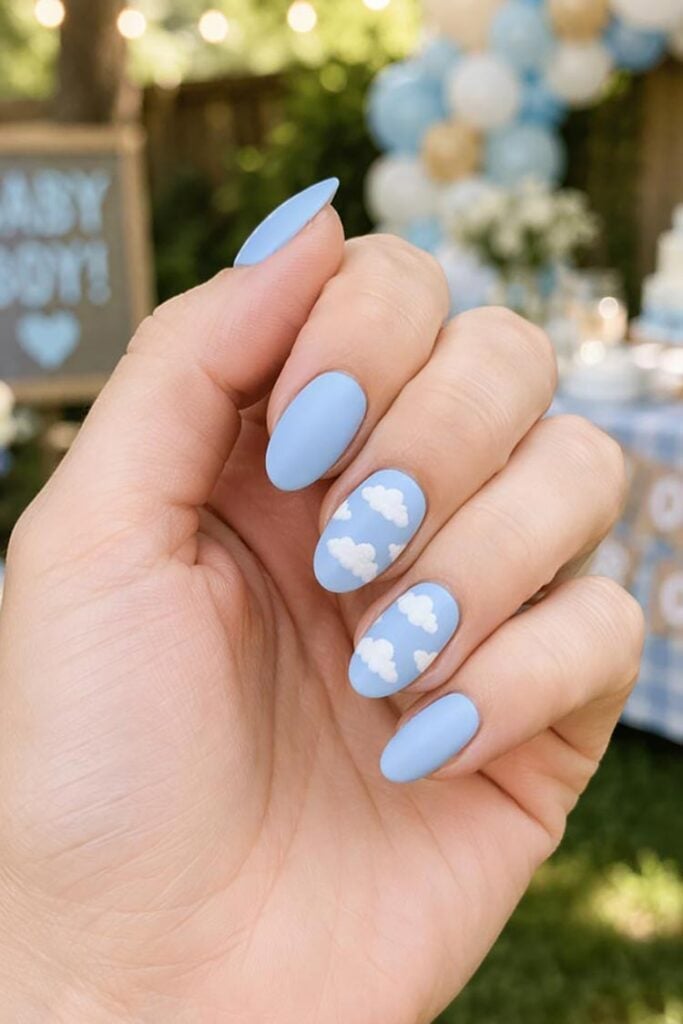 Matte Baby Blue Nails with White Clouds Matte Baby Blue Nails with White Clouds