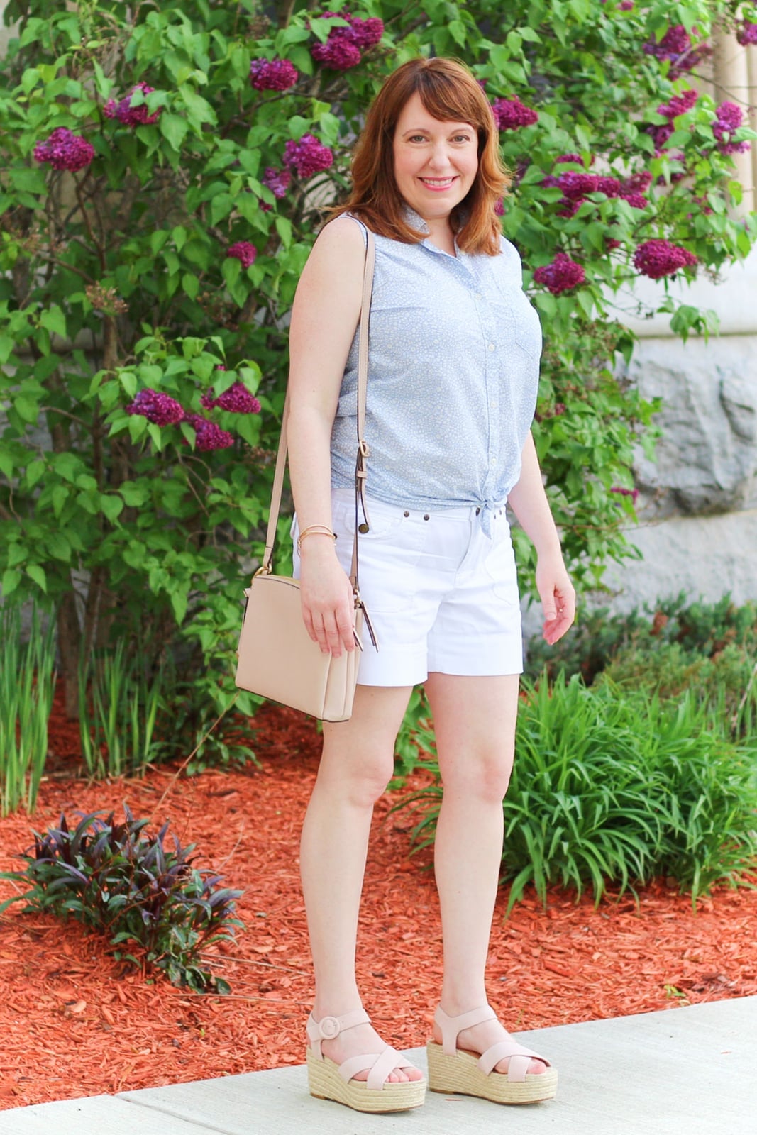 Baby Blue Patterned Sleeveless Shirt Tied at Waist with White Shorts Baby Blue Patterned Sleeveless Shirt Tied at Waist with White Shorts — Baby Blue Outfits