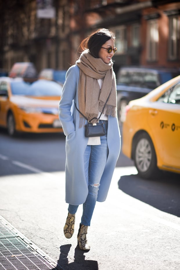 Baby Blue Long Coat Over White T-shirt and Ripped Jeans Baby Blue Long Coat Over White T-shirt and Ripped Jeans — Baby Blue Outfits