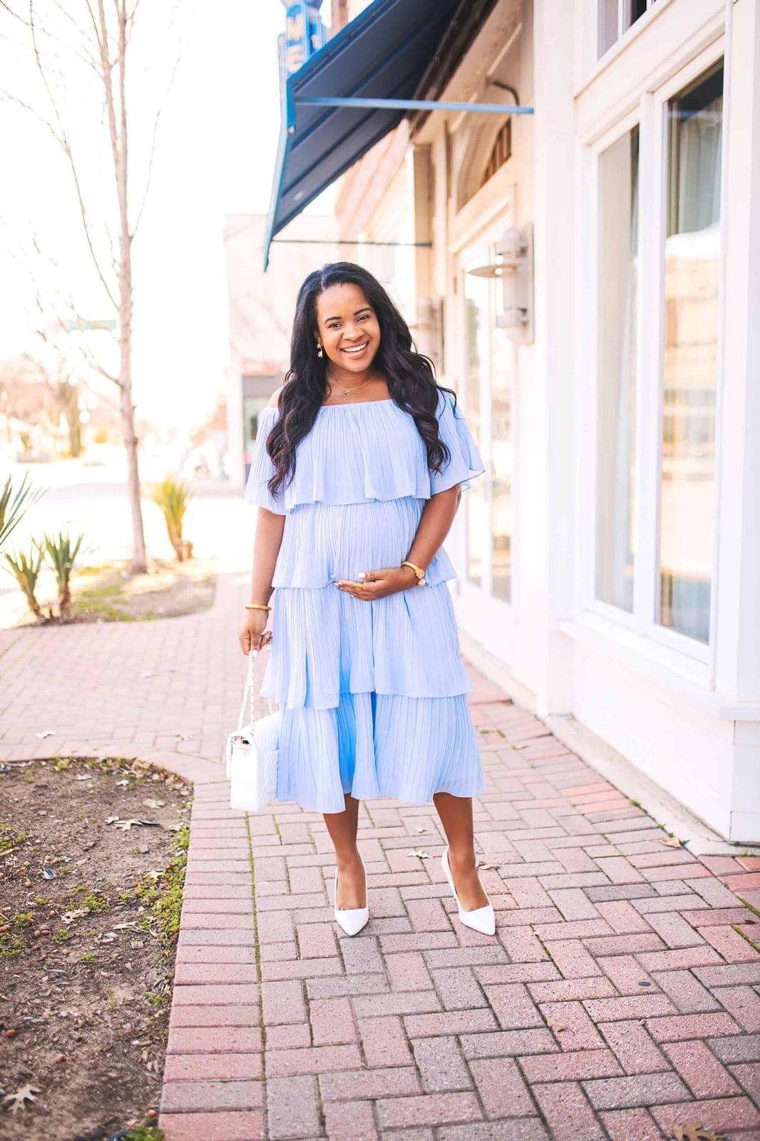 Baby Blue Tiered Ruffled Midi Dress with Flutter Sleeves Baby Blue Tiered Ruffled Midi Dress with Flutter Sleeves — Baby Blue Outfits
