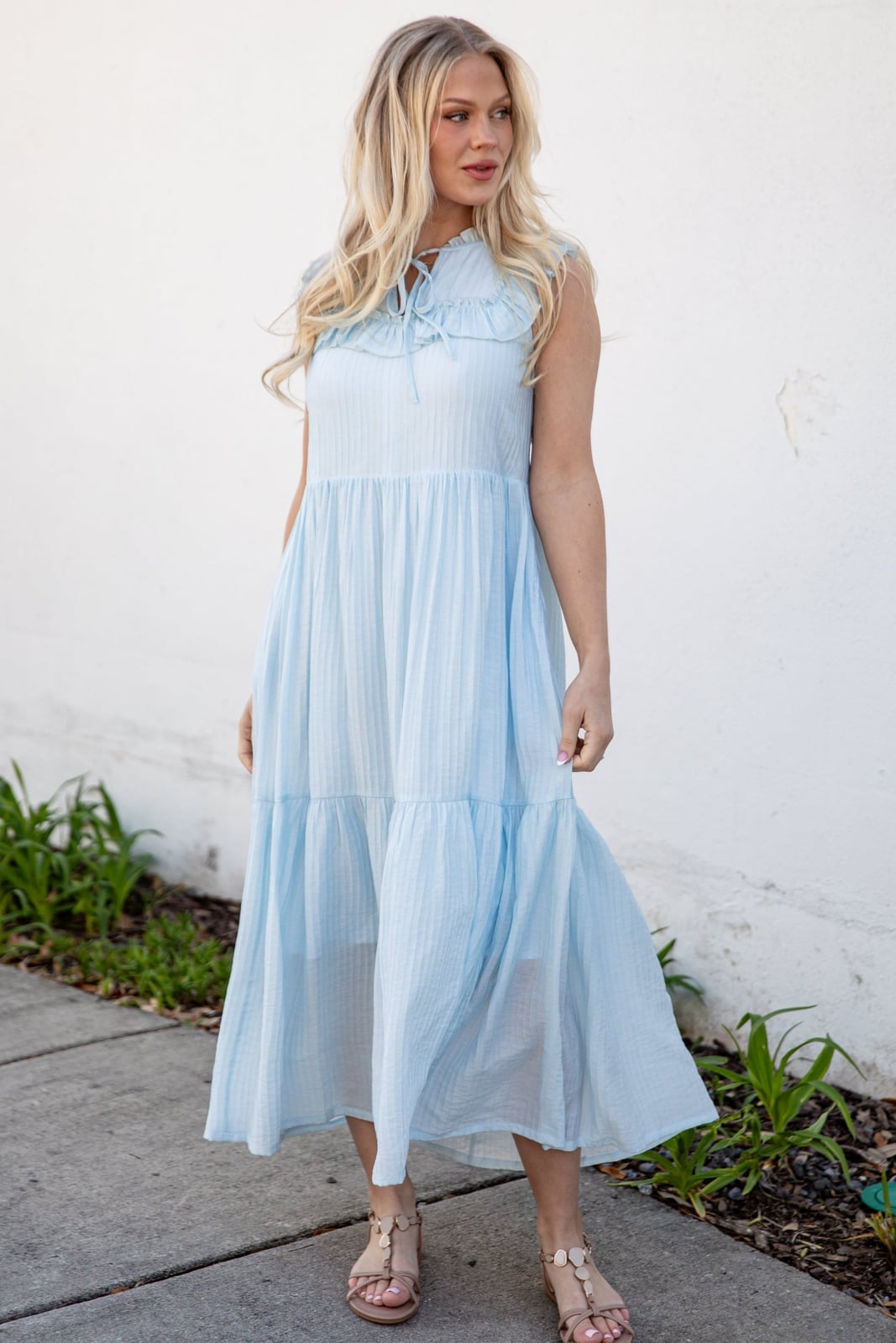 Light Baby Blue Tiered Maxi Dress with Ruffled Neckline Light Baby Blue Tiered Maxi Dress with Ruffled Neckline — Baby Blue Outfits