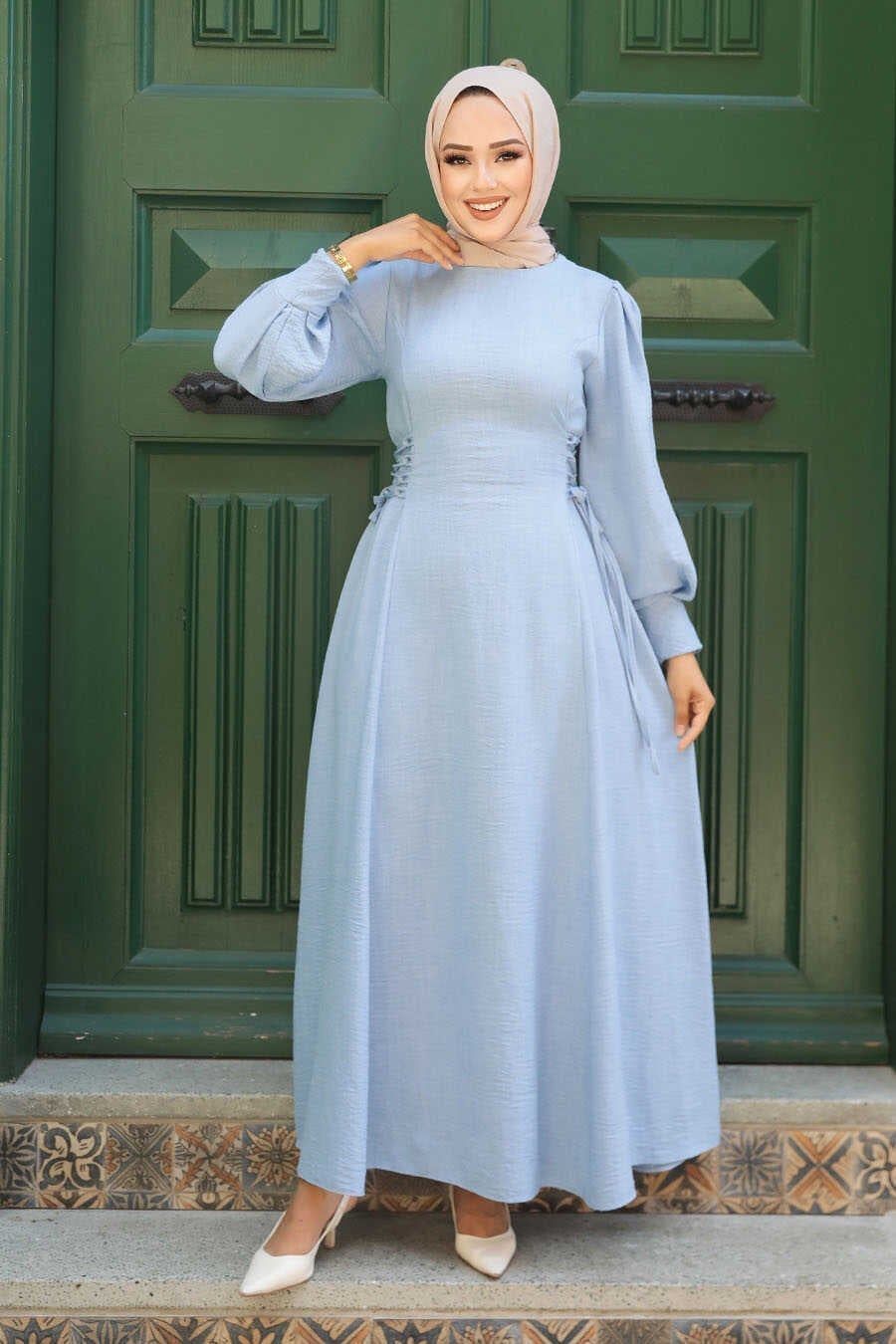 Baby Blue Textured Long Sleeve Dress with Side Lacing Baby Blue Textured Long Sleeve Dress with Side Lacing — Baby Blue Outfits