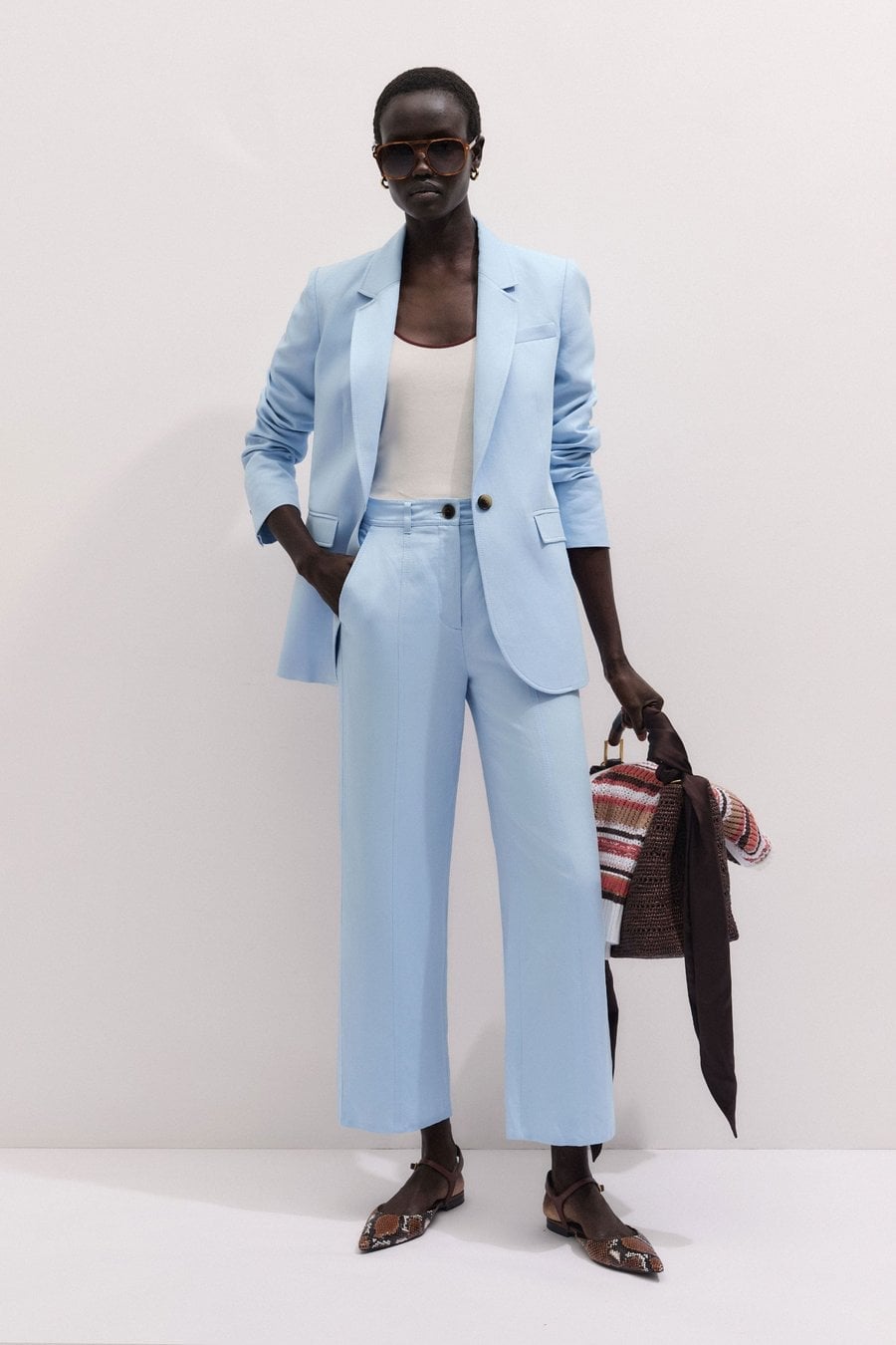 Baby Blue Linen Blend Suit with Wide Leg Trousers Baby Blue Linen Blend Suit with Wide Leg Trousers — Baby Blue Outfits