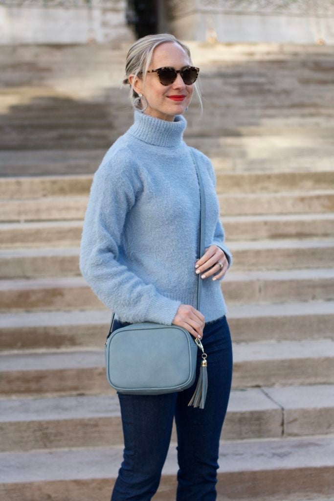 Light Blue Fuzzy Turtleneck Sweater with Dark Wash Jeans Light Blue Fuzzy Turtleneck Sweater with Dark Wash Jeans — Baby Blue Outfits